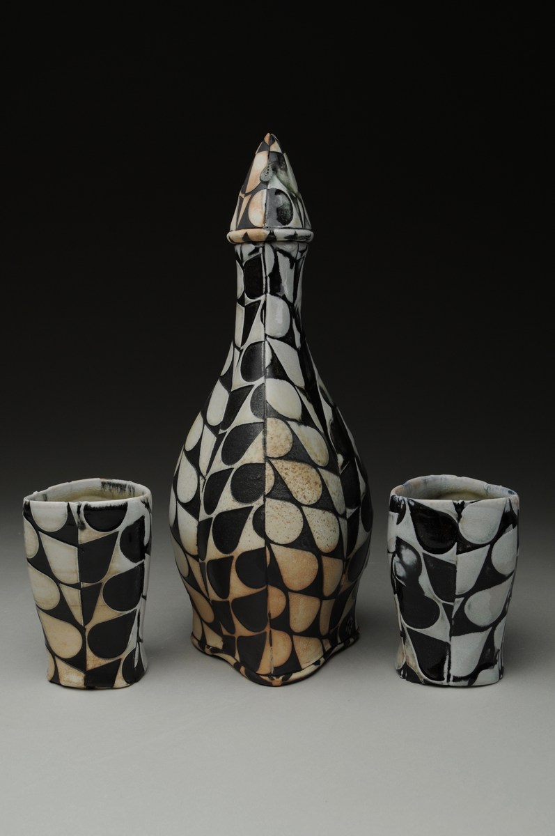 Drops of Bourbon Bottle with Cups II - Material: Wood-fired Porcelain