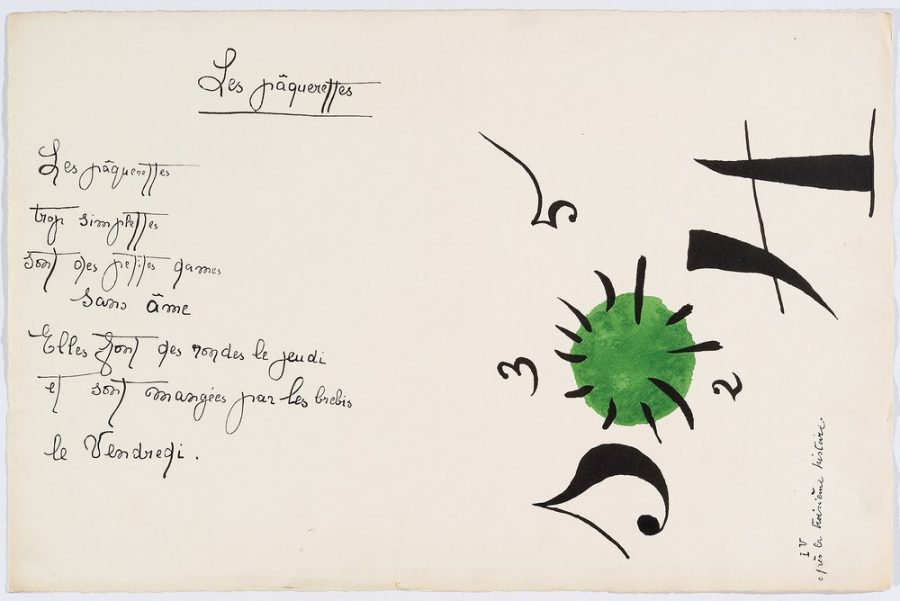 “Il était une petite pie" (Original Drawing) - Sheet V - Drawing by Joan Miró with texts by Lise Hirtz