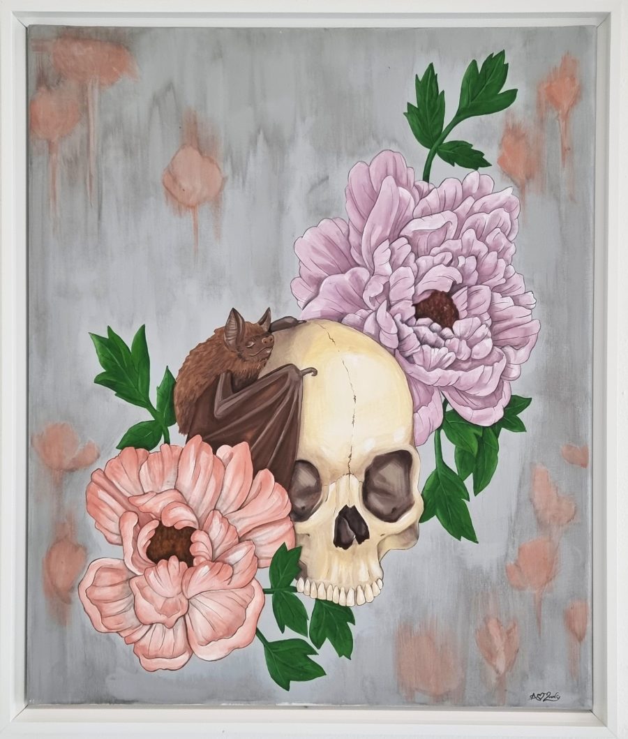 Skull with Flowers and Bat - Amy Young